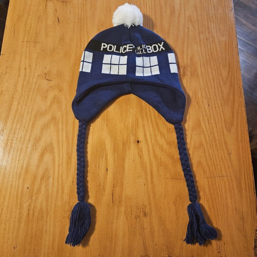 Doctor Who TARDIS Hat‎ Beanie Knit Ear Flap Pom Pom Blue White Tassel Mens